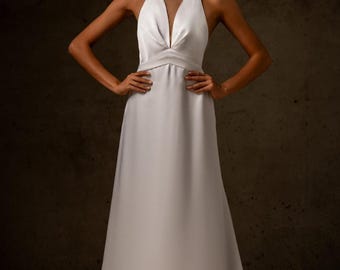 Premium Silk Satin Wedding Dress SERA, Open Back Wedding Dress, Deep V-Neck Bridal Gown, Minimalist Floor Length Elopement Dress