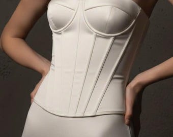 White Satin Wedding Corset Dress, Elegant Bridal Gown