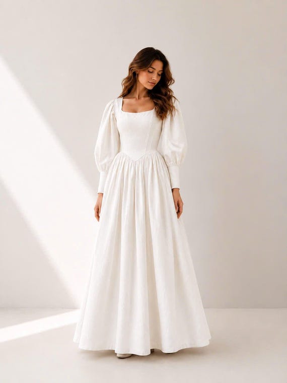 Basque Waist Linen Wedding Dress VÉRAINE, Bridal Gown Beach Boho A-Line Wedding Dress, Reception Custom Elopement Dress, Bridal Shower Dress
