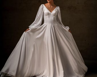 Long Sleeve Satin Wedding Dress EMILIA, Open Back Bridal Gown, Puff Sleeve Wedding Dress, Minimalist Elopement Dress, Classic Bridal Gown