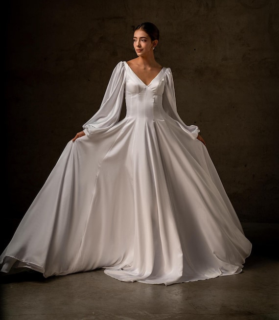 Long Sleeve Satin Wedding Dress EMILIA, Open Back Bridal Gown, Puff Sleeve Wedding Dress, Minimalist Elopement Dress, Classic Bridal Gown