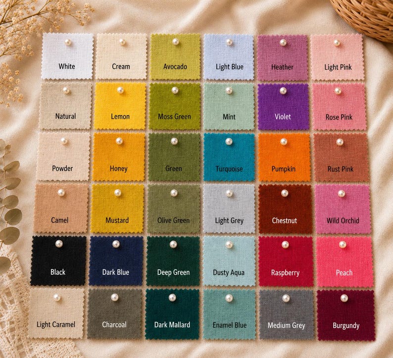a grid of fabric swatches, each with a different color and pattern, arranged on a beige background.
