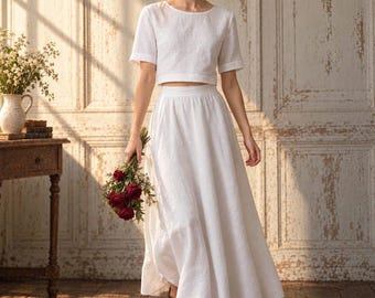 ELIS Linnen Set voor Dames, Crop Top & Maxi Rok, Tweedelig Linnen Outfit, Bruidsoutfit, Vakantiekleding, Zomerse Linnen Set