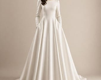 A-Line Wedding Dress EMILY, Long Sleeve Boat Neck Bridal Gown, Ivory Silk Maxi Dress with Pockets, Handmade Custom Bridal Dress