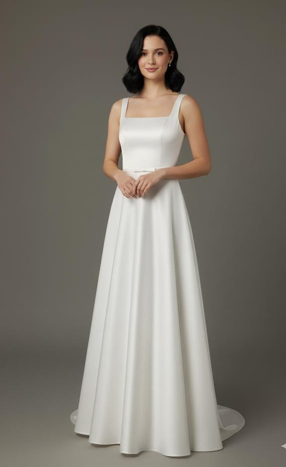 Elegant A-line Wedding Dress, Square Neck Bridal Gown, Classic Minimalist Wedding Dress, Floor-length Wedding Dress, White Satin Dress - Etsy Elegant A-line Wedding Dress, Square Neck Bridal Gown, Classic Minimalist Wedding Dress, Floor-length Wedding Dress, White Satin Dress - Etsy