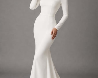Mermaid Wedding Dress Silk OPHELIA, Long Sleeve Bridal Gown, Boat Neck, Open Back, Elegant Train, Minimalist Dress
