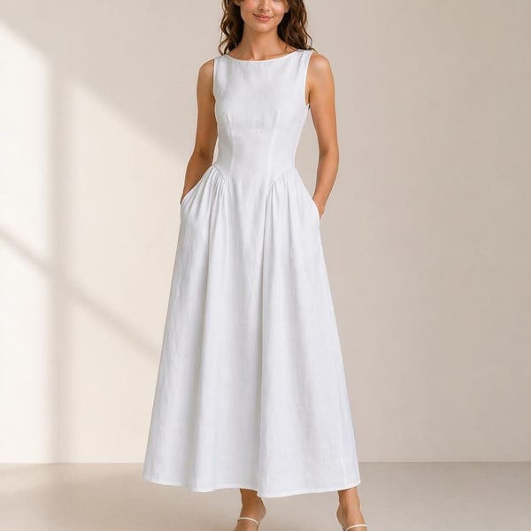 100 % reines Leinenkleid von SAGEE, handgefertigtes Leinenkleid im Cottagecore-Stil, langes Leinenkleid, rückenfreies Sommerkleid, maßgefertigtes Kleid, natürliches Kleid