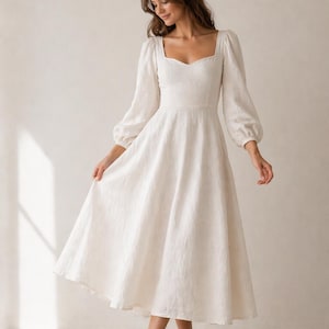 sweetheart midi dress in linen-cotton blend Linen-Cotton Blend Dress - White Midi Dress - Button-Front Dress