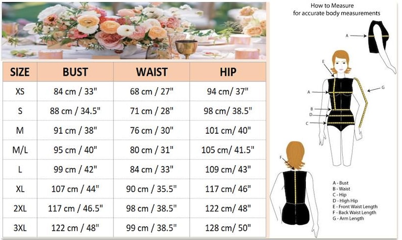 Op de afbeelding: Een maattabel met borst-, taille- en heupmaten in cm en inches. De tabel bevat maten XS tot 3XL. Een diagram illustreert hoe het lichaam te meten. Op de achtergrond bloemstukken.