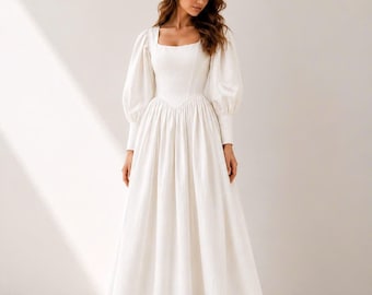 Baskische taille linnen trouwjurk VÉRAINE, linnen bruidsjurk strand boho a-lijn trouwjurk, minimalistische receptie aangepaste schakingsjurk