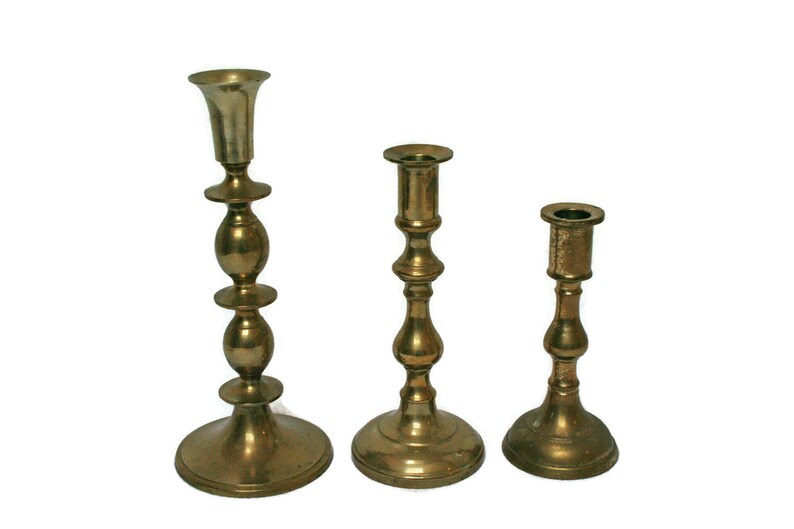 Vintage Brass Candlesticks  /  Three Mismatched Candle Holders image 0