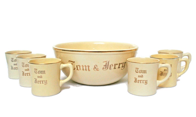 Vintage Tom and Jerry Set  /  Cream and Gold  /  Bowl and Six image 0