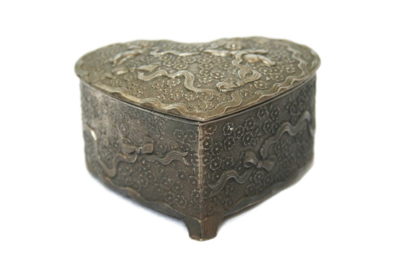 Vintage Silvertone Heart Shaped Box   /  Ornate Trinket Box / image 0