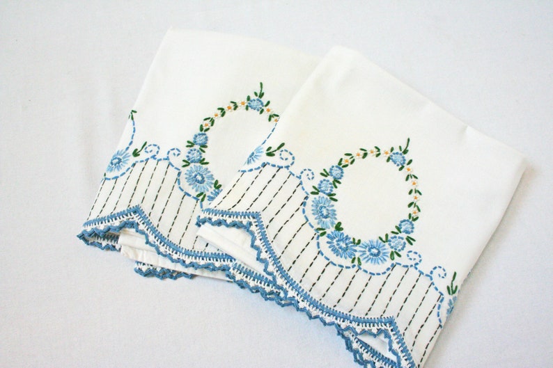 Vintage Hand Embroidered Pillowcases  /  Set of Crochet Trim image 0