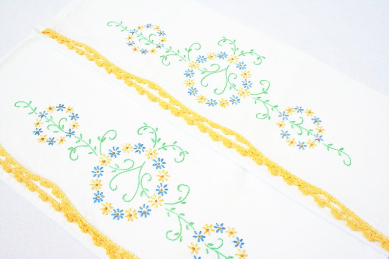 Vintage Hand Embroidered Pillowcases  /  Set of Crochet Trim image 0