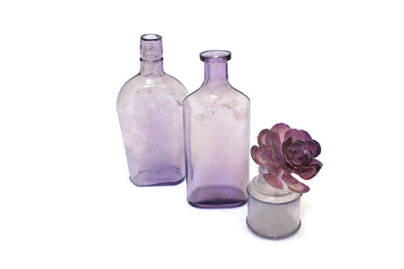 Vintage Purple Bottles  /Three Lavender Bottles  /  Flower image 0