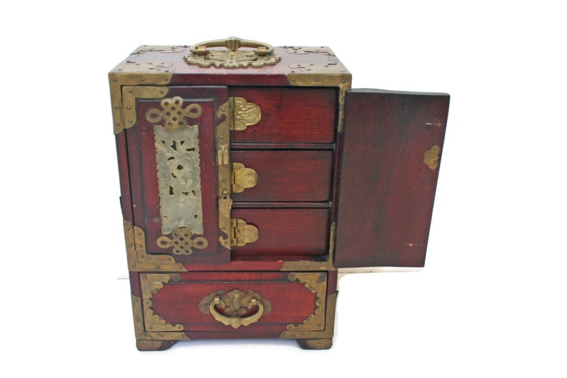 Vintage Jewelry Box / Asian Wood Storage with Carved Stone and image 0