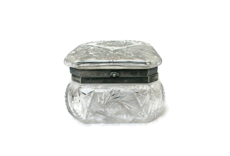 Vintage Silver and Crystal Vanity Box  /  Hinged Cut Crystal image 0