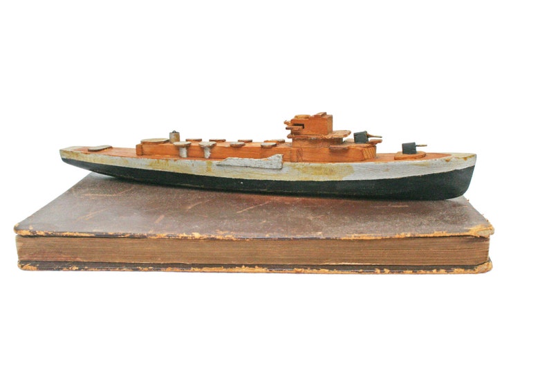 Vintage Handcarved Wood Battleship  /  Handmade War Ship  / image 0