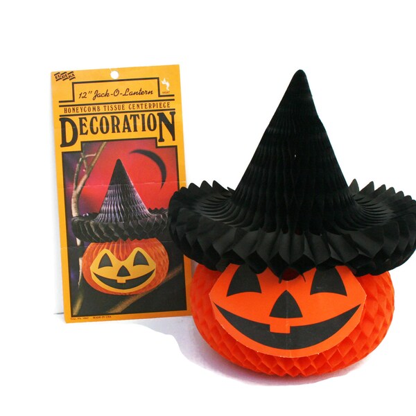 Vintage Halloween Decor  /  Honeycomb Jack O Lantern  /  Orange Pumpkin in Black Witches Hat  /  Halloween Centerpiece  /  Retro Holiday