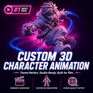 Op de afbeelding: Een digitale afbeelding met een gestileerd 3D-personage in een dynamische pose met roze en blauwe neonverlichting. Tekst: #1 BEST PICK, CUSTOM 3D CHARACTER ANIMATION, Frame-Perfect. Studio-Ready. Built for Film. Iconen tonen een filmklapper, een rig en een filmrol.