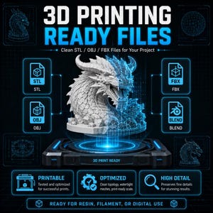 May include: A digital graphic promoting 3D printing files. The image features a detailed white dragon sculpture, partially rendered in a wireframe style. Text includes "3D PRINTING READY FILES" and file type icons (STL, OBJ, FBX, BLEND). Additional text highlights printability, optimization, and high detail.