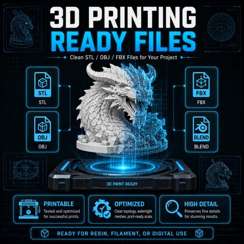 May include: A digital graphic promoting 3D printing files. The image features a detailed white dragon sculpture, partially rendered in a wireframe style. Text includes "3D PRINTING READY FILES" and file type icons (STL, OBJ, FBX, BLEND). Additional text highlights printability, optimization, and high detail.