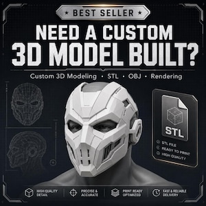 May include: A white, segmented, futuristic-style helmet on a gray mannequin head. Text reads: BEST SELLER, NEED A CUSTOM 3D MODEL BUILT?, Custom 3D Modeling, STL, OBJ, Rendering, STL FILE, READY TO PRINT, HIGH QUALITY, HIGH QUALITY DETAIL, PRECISE & ACCURATE, PRINT READY OPTIMIZED, FAST & RELIABLE DELIVERY.
