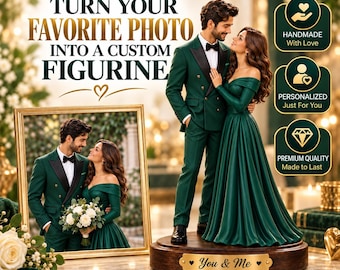May include: A custom couple figurine featuring a person in a dark green double-breasted suit and a person in a dark green off-the-shoulder gown, standing on a wooden base with a gold plaque reading You & Me, next to a framed photo of the same couple.