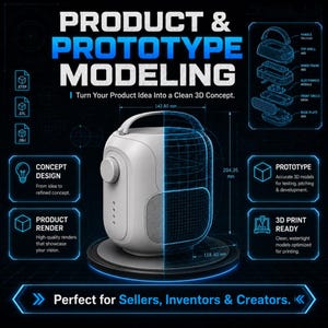 May include: A white and gray product prototype model with dimensions of 142.60 mm x 204.35 mm x 118.40 mm. The image includes text about product and prototype modeling, concept design, product render, and 3D printing.