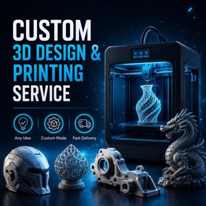 May include: A black 3D printer with a glowing blue interior printing a lattice vase. In front are a gray helmet, a spherical lattice object, a mechanical part, and a dragon figurine. Text reads: CUSTOM 3D DESIGN & PRINTING SERVICE, Any Idea, Custom Made, Fast Delivery.