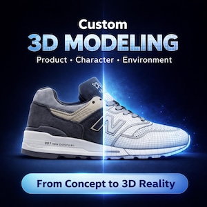 May include: Image showcasing a custom 3D modeling service, featuring a split view of a New Balance sneaker. One side displays the finished product, while the other shows a wireframe model. Text includes "Custom 3D Modeling" and "From Concept to 3D Reality."