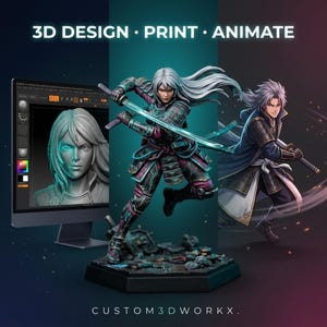 May include: Image showcasing 3D design, print, and animation services. Features a computer screen displaying a 3D model, a detailed figurine of a warrior with a sword, and a second warrior figure. Text reads "3D DESIGN • PRINT • ANIMATE" and "CUSTOM3DWORKX."