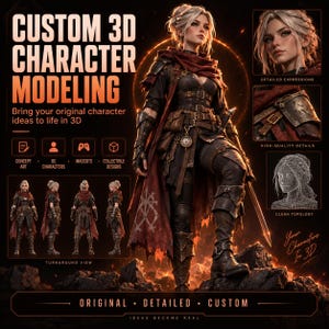 May include: A digital display featuring custom 3D character modeling services. It shows a central fantasy character in dark armor and a red cloak, with smaller panels displaying facial expressions, armor details, wireframe topology, and a turnaround view.
