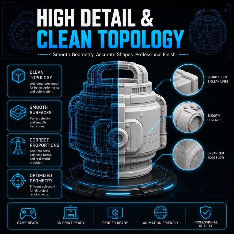 May include: A 3D model of a mechanical component, split to show wireframe and solid views. The image highlights features like clean topology, smooth surfaces, and optimized geometry. Text reads "High Detail & Clean Topology" and mentions "Game Ready" and "3D Print Ready".