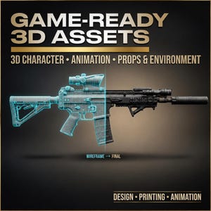 Könnte beinhalten: Digitale Darstellung eines schwarzen Gewehrs mit Zielfernrohr und Schalldämpfer, dargestellt in Drahtgitter- und Endversionen. Das Bild enthält den Text "GAME-READY 3D ASSETS" und Details zu 3D-Charakteren, Animationen, Requisiten und Umgebungsdesign.