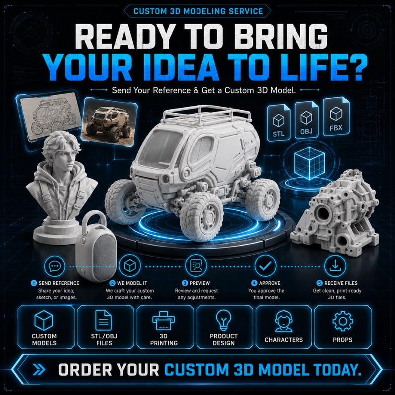 May include: An advertisement for a custom 3D modeling service. The image features a white 3D model of a vehicle, a bust, and other 3D models. Text includes "READY TO BRING YOUR IDEA TO LIFE?" and details on the process: send reference, model it, preview, approve, and receive files.