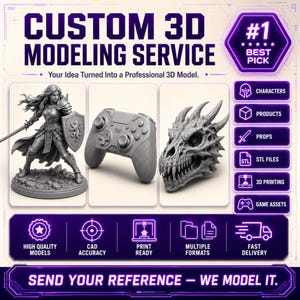 May include: A custom 3D modeling service advertisement featuring a gray warrior figurine, a game controller, and a dragon skull. Text includes CUSTOM 3D MODELING SERVICE, #1 BEST PICK, CHARACTERS, PRODUCTS, PROPS, STL FILES, 3D PRINTING, GAME ASSETS, and SEND YOUR REFERENCE – WE MODEL IT.