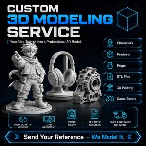 May include: An advertisement for a 3D modeling service. The image features a 3D-printed anime character, headphones, and a mechanical part. Text includes "Custom 3D Modeling Service" and service details like "High Quality Models" and "Fast & Reliable Delivery."