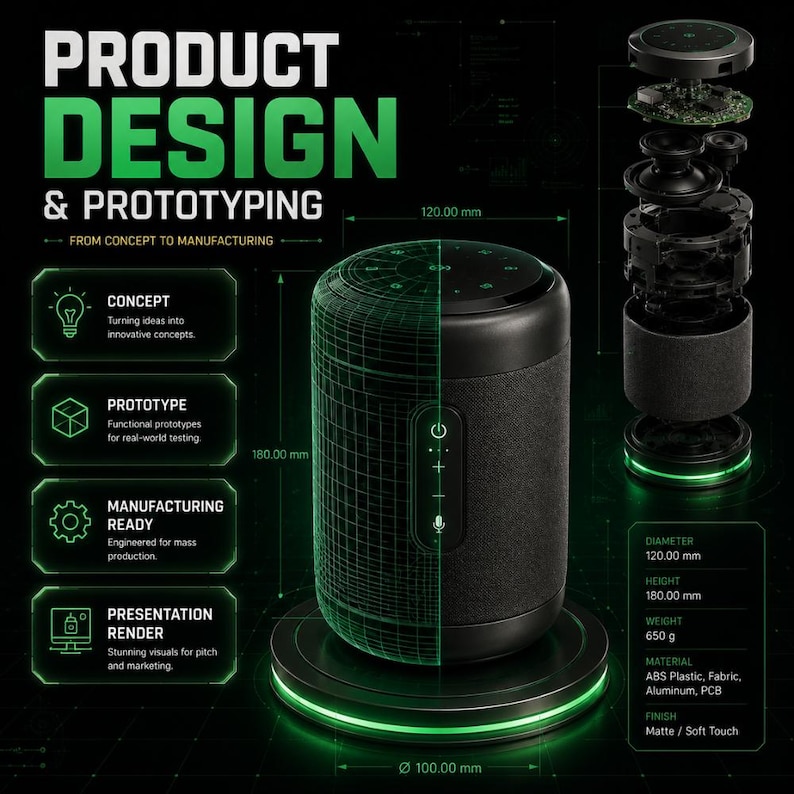 Smart speaker CAD model with exploded view showing engineering precision and manufacturing-ready design, representing custom 3d modeling service, 3d model commission, custom stl file, customstlfile, hire a 3d artist, and product prototype CAD workflow.
Custom 3D modeling service, 3D model commission, CAD modeling service, Custom STL file, Print-ready 3D model
