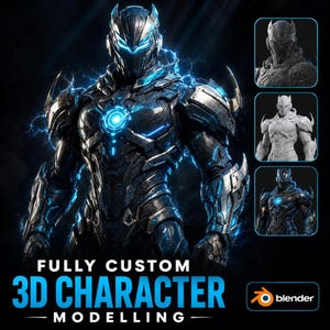 Könnte beinhalten: Ein dunkles, metallisches, gepanzertes 3D-Charaktermodell mit leuchtend blauen Energieakzenten und einem schlanken Helm. Das Bild zeigt den Charakter in verschiedenen Entwicklungsstadien, einschließlich Drahtgitter- und Ton-Renderings, mit dem Text FULLY CUSTOM 3D CHARACTER MODELLING und dem Blender-Logo.