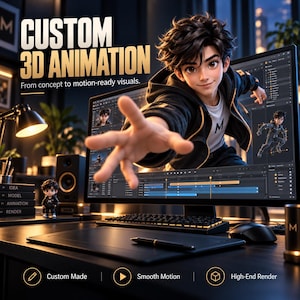 May include: A computer monitor displays a 3D animated character reaching forward, with software interfaces visible. Text reads CUSTOM 3D ANIMATION, From concept to motion-ready visuals, Custom Made, Smooth Motion, and High-End Render.