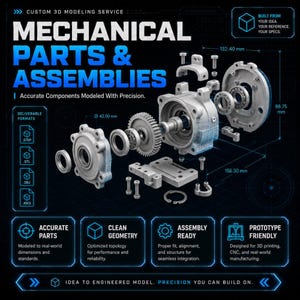 May include: An exploded view of mechanical parts and assemblies, showcasing a custom 3D modeling service. The image highlights various components with dimensions in millimeters, including gears, housings, and fasteners. Text includes "Accurate Parts," "Clean Geometry," and "Assembly Ready."