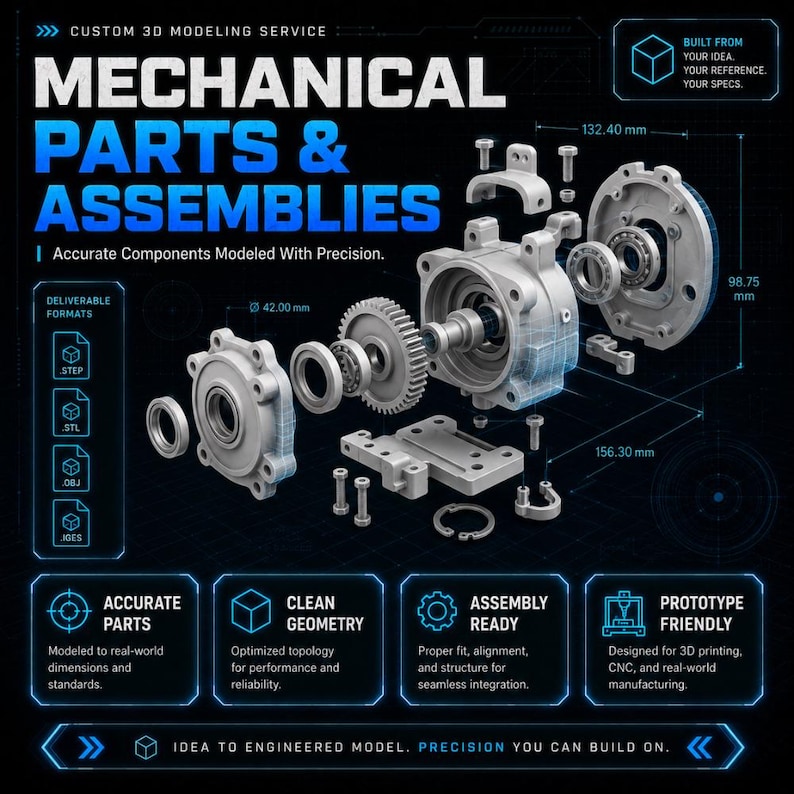 May include: An exploded view of mechanical parts and assemblies, showcasing a custom 3D modeling service. The image highlights various components with dimensions in millimeters, including gears, housings, and fasteners. Text includes "Accurate Parts," "Clean Geometry," and "Assembly Ready."