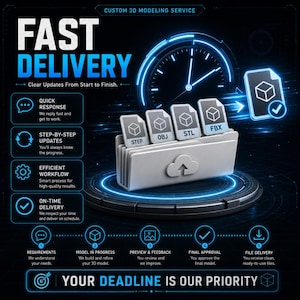 May include: A digital graphic promoting a custom 3D modeling service. The image features the words "FAST DELIVERY" in large, bold, white letters with a blue glow. Icons and text describe the process, including "Quick Response" and "On-Time Delivery."