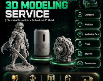 May include: A custom 3D modeling service advertisement featuring a gray fantasy warrior figurine, a cylindrical smart speaker, and a complex mechanical gear assembly. The text reads Custom 3D Modeling Service, Your Idea Turned Into a Professional 3D Model.