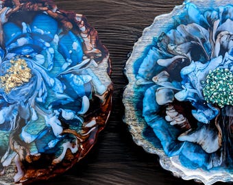 Resin Bloom Coasters: Blue & Brown Floral Design - Handmade Set