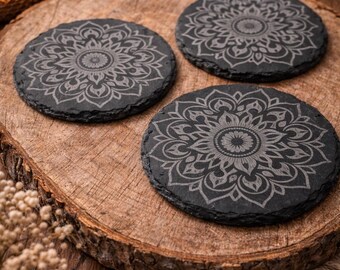 Engraved Mandala Slate Coasters | Boho Natural Stone Table Decor