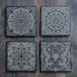 Set of 4 Mandala Pattern Stone Coasters – Personalised Laser Engraved