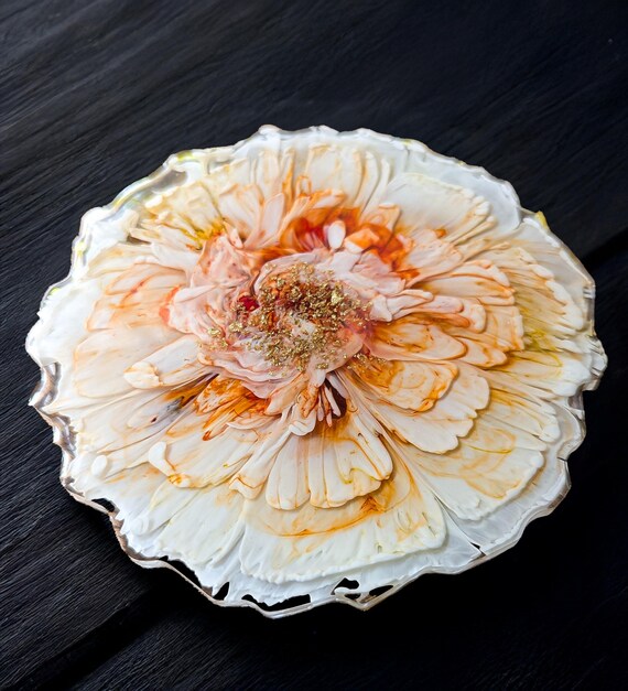 Bloom Resin Coasters | White Yellow Orange Flower Design with Gold Leaf | Handmade Home Decor